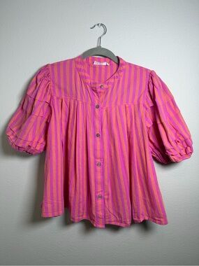 Cotton-Linen Blend Pink and Orange Striped Puff-Sleeve Blouse Eclectic Coastal L